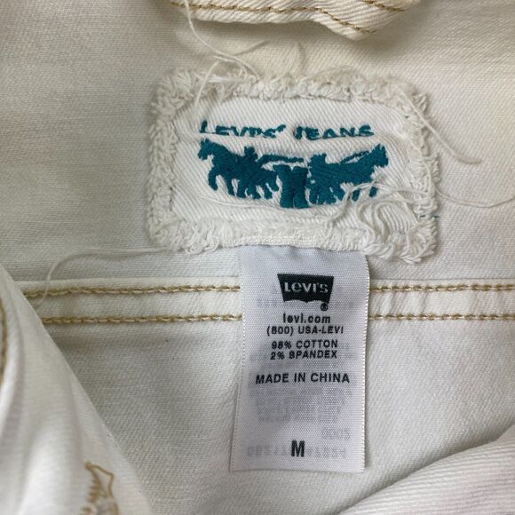 Vtg Levi’s Cropped Jean Jacket Womens Medium Beige Stretch Denim Trucker Y2K - Picture 16 of 16